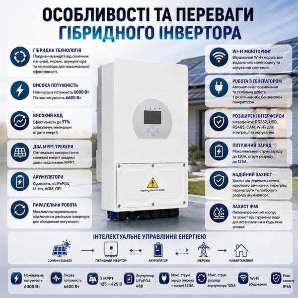 Комплект резервного живлення: гібридний інвертор Deye SUN-6K-SG05LP1-EU-AM2-P 6 кВт + акумулятор Deye LiFePO4 5 кВт&middot;год 100Ah SUN-6K-SG05LP1-EU-AM2-P+LiFePO4 фото