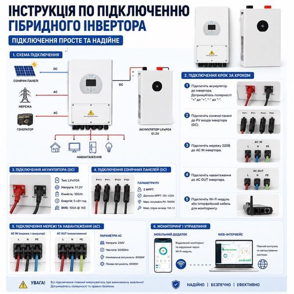 Комплект резервного живлення: гібридний інвертор Deye SUN-6K-SG05LP1-EU-AM2-P 6 кВт + акумулятор Deye LiFePO4 5 кВт&middot;год 100Ah SUN-6K-SG05LP1-EU-AM2-P+LiFePO4 фото