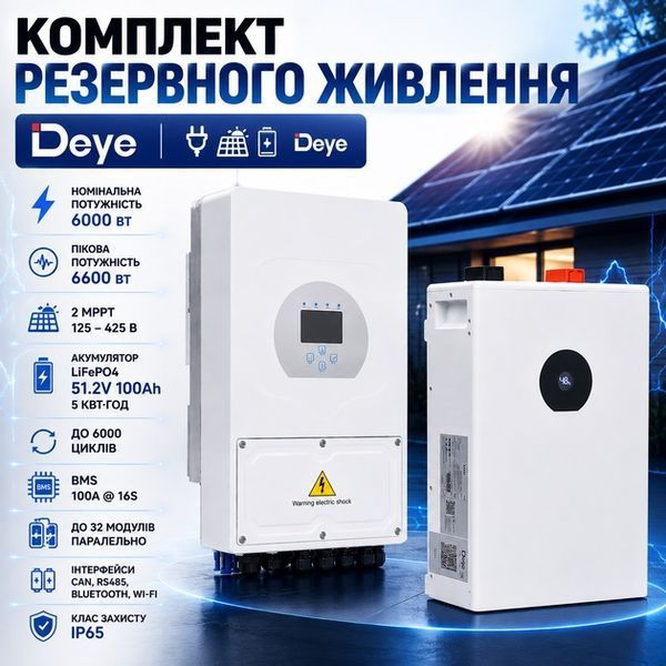 Комплект резервного живлення: гібридний інвертор Deye SUN-6K-SG05LP1-EU-AM2-P 6 кВт + акумулятор Deye LiFePO4 5 кВт&middot;год 100Ah SUN-6K-SG05LP1-EU-AM2-P+LiFePO4 фото